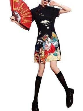 Five Cats NWT Cheongsam Printed City Scene Mini Dress In Black/Multi US Size 4